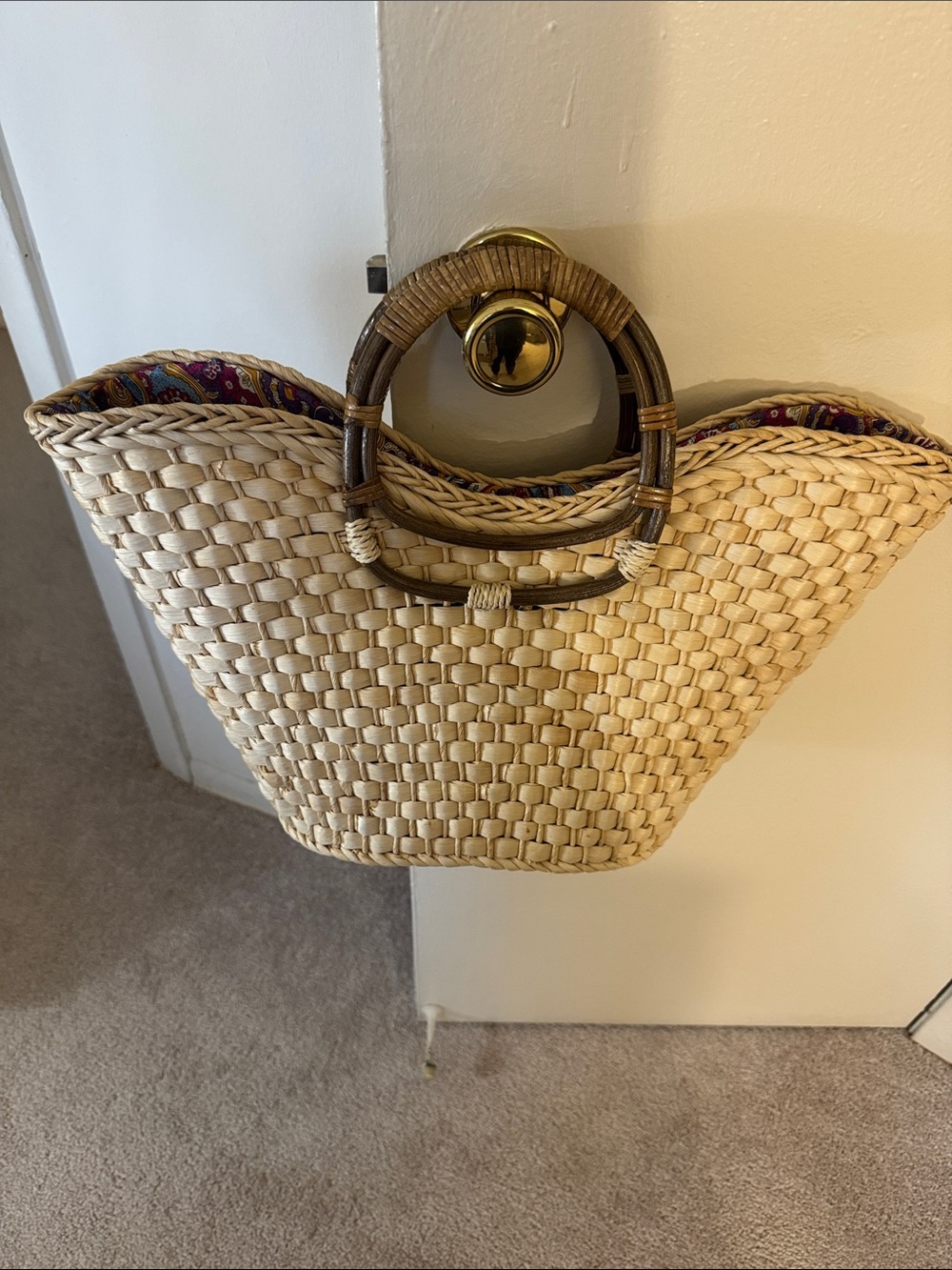 Woven Straw Tote Bag with Bamboo Handles - Natural